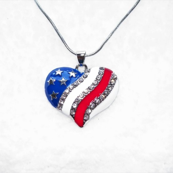 💙🇺🇸❤️ 18" Silver Patriotic Enamel Necklace American Flag Heart - Picture 9 of 12
